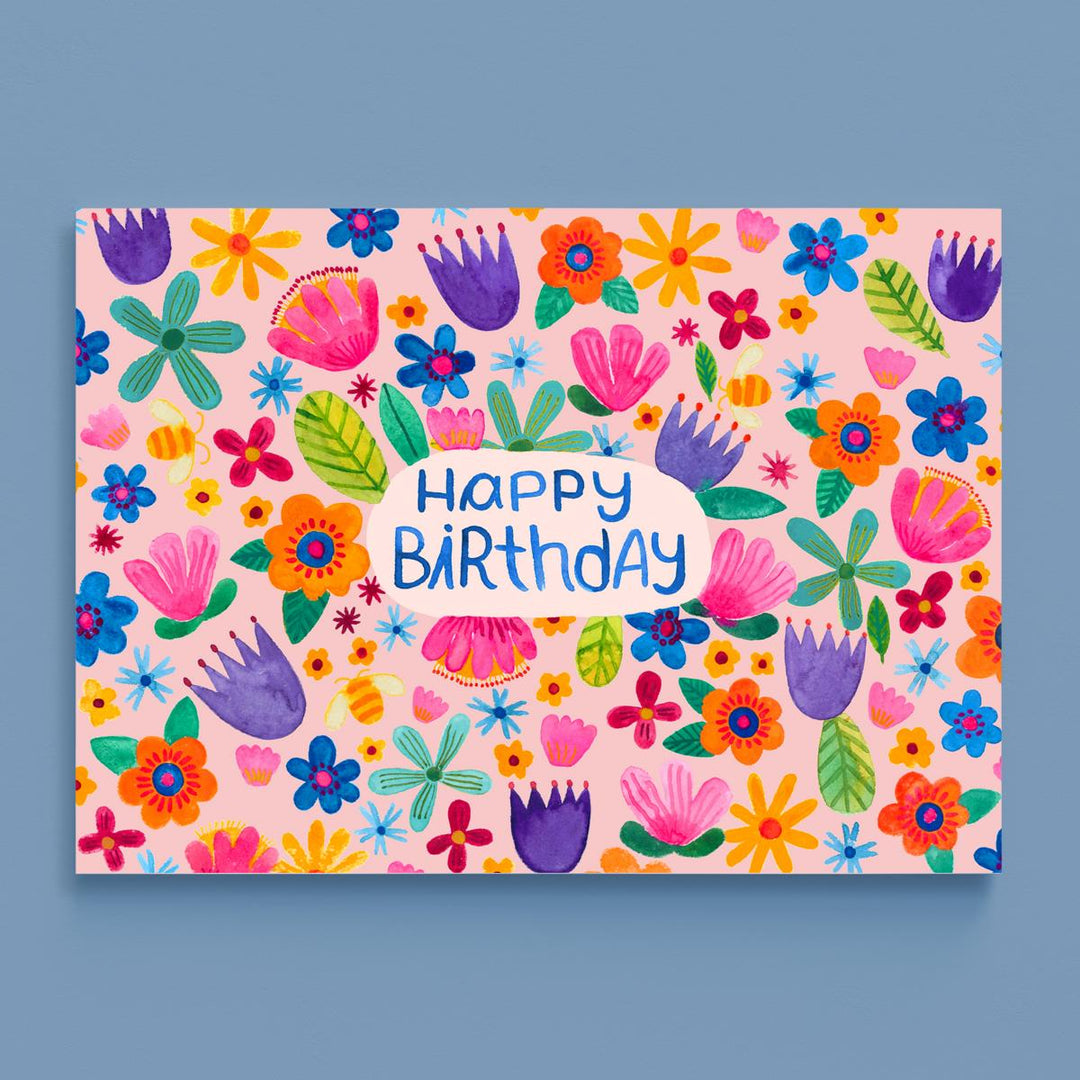 Postkarte *Happy Birthday* (mit Blumen)